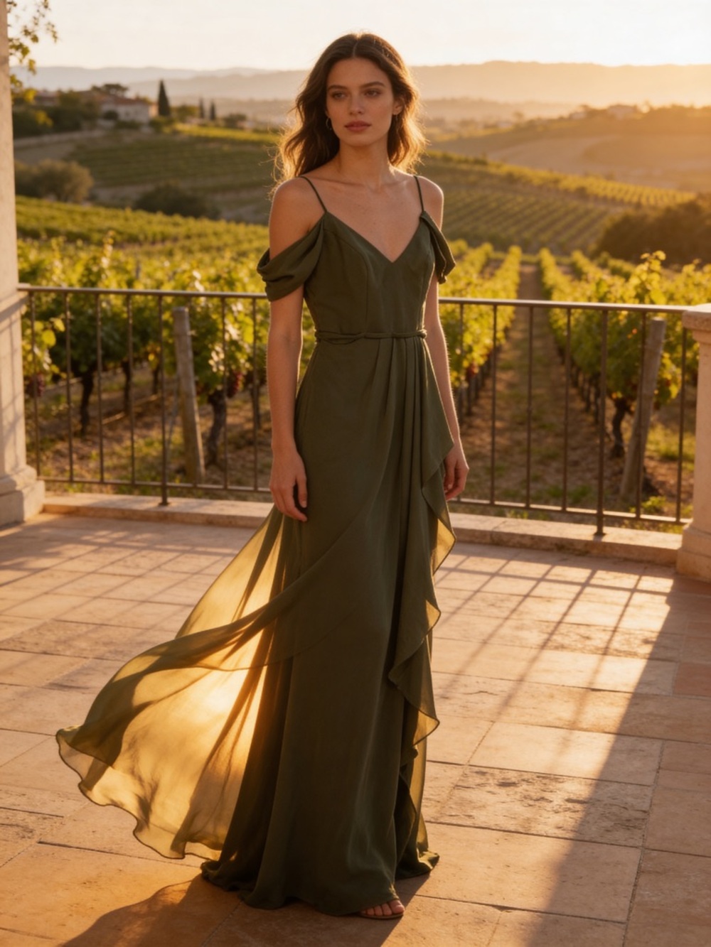 Celébrate DB Studio Olive Green Cold-Shoulder Maxi Dress with Spaghetti Straps